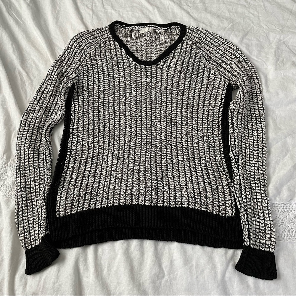 Lou & Grey MEDIUM Black White Open Knit Linen Blend Sweater long sleeve Linen